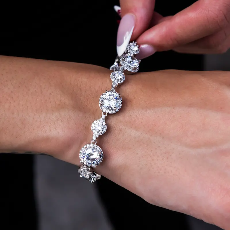 Diamond Halo Tennis Bracelet – Sparkling White Gold Vermeil Bangle 1