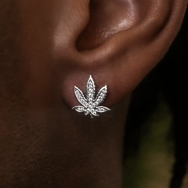 Diamond-Pavé Cannabis Leaf Stud Earrings In 14K Rose Gold 1