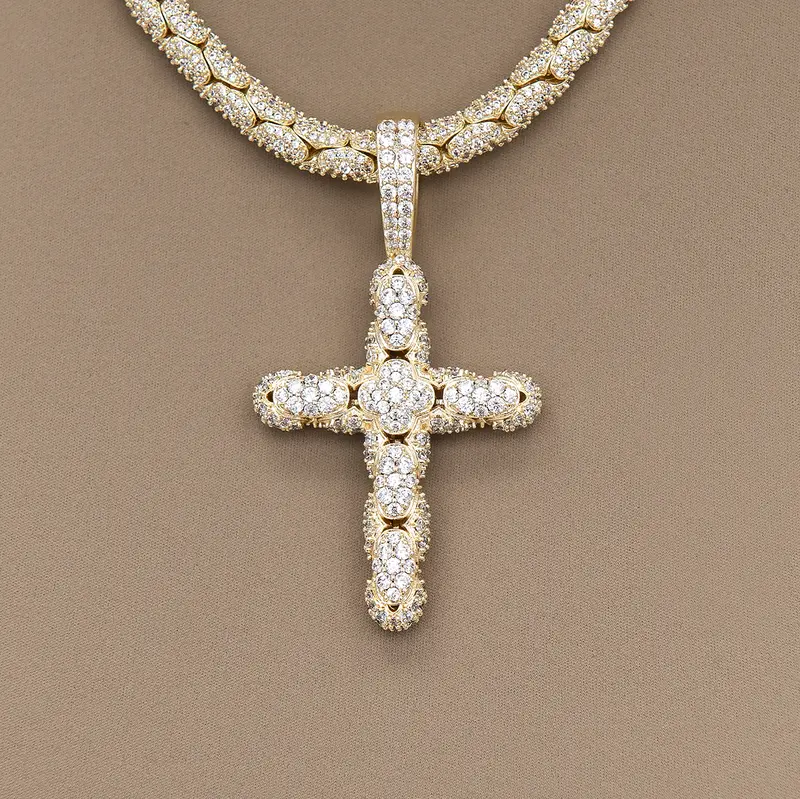 Diamond-Paved Snake Chain Cross Pendant In Warm Yellow Gold 1