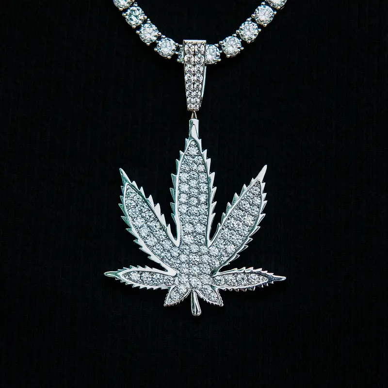 Diamond-Studded Weed Leaf Pendant In White Gold 1