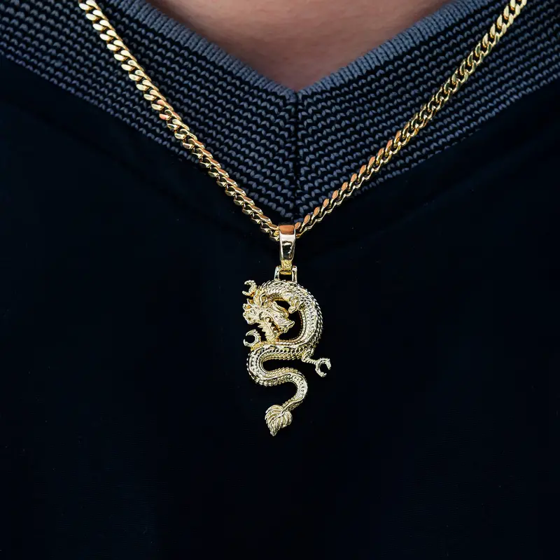 Dragon-Themed Pendant On 3Mm Yellow Gold Micro Cuban Chain 1
