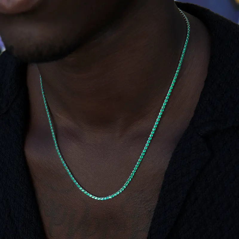 Emerald And Diamond Micro Tennis Chain – White Gold 1