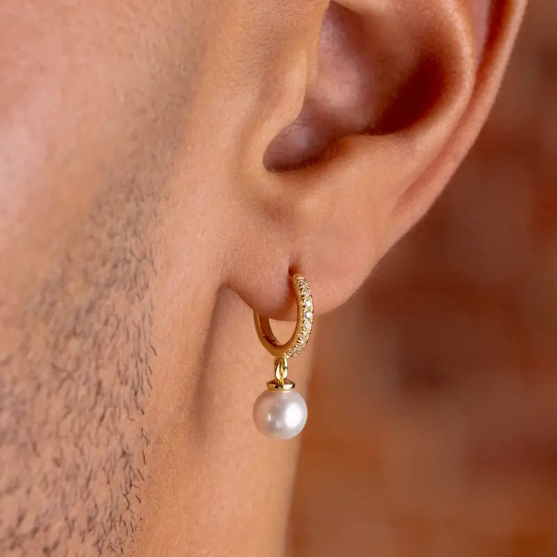 Extra-Small Pave Pearl Drop Huggie Hoop Earrings – Yellow Gold 1