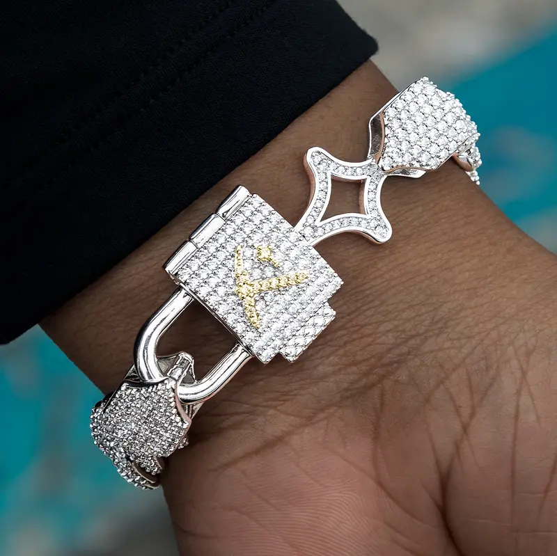Gld White Gold 12Mm Lock-And-Key Cuban Bracelet With Diamond Prongs 1