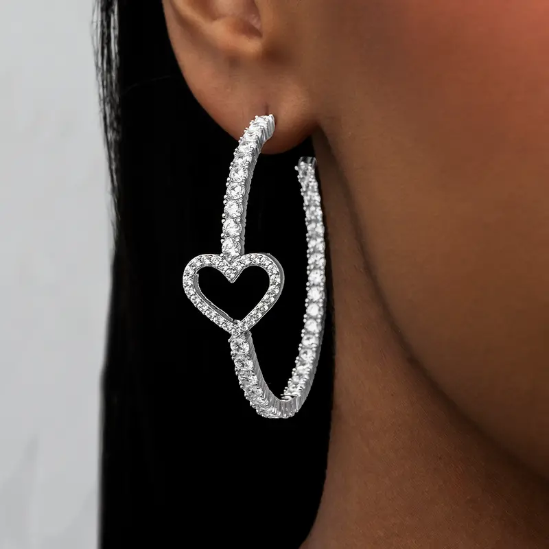 Gld White Gold Heart Tennis Hoop Earrings 1