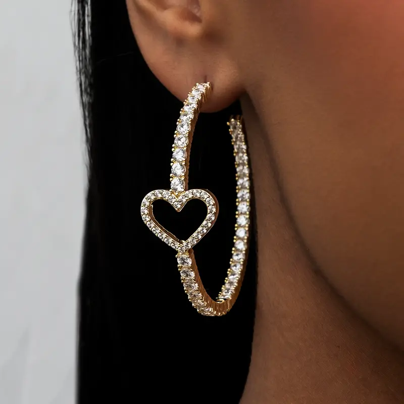 Gld Yellow Gold Heart Tennis Hoop Earrings 1