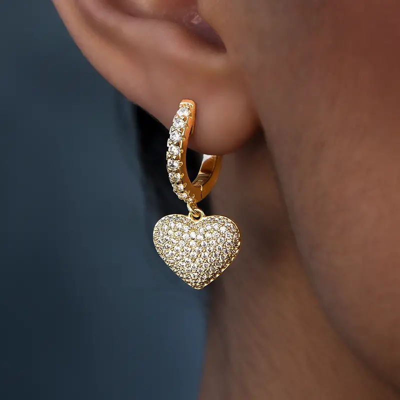 Gld Yellow Gold Pave-Set Heart Hoop Earrings 1