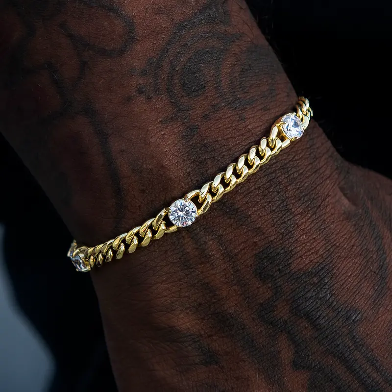 Gld Yellow Gold Round Stone Cuban Bracelet With Station Accents 1