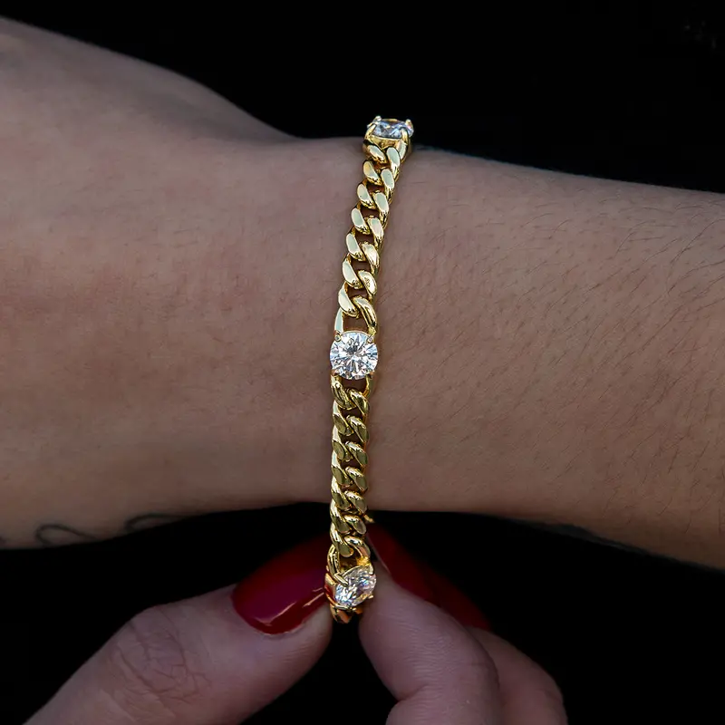 Gld Yellow Gold Round Stone Station Cuban Bracelet 1