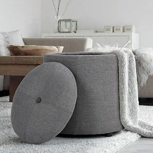 Grey Fabric Round Tufted Ottoman – Stylish Button-Detail Storage Footstool For Living Rooms And Bedrooms 1