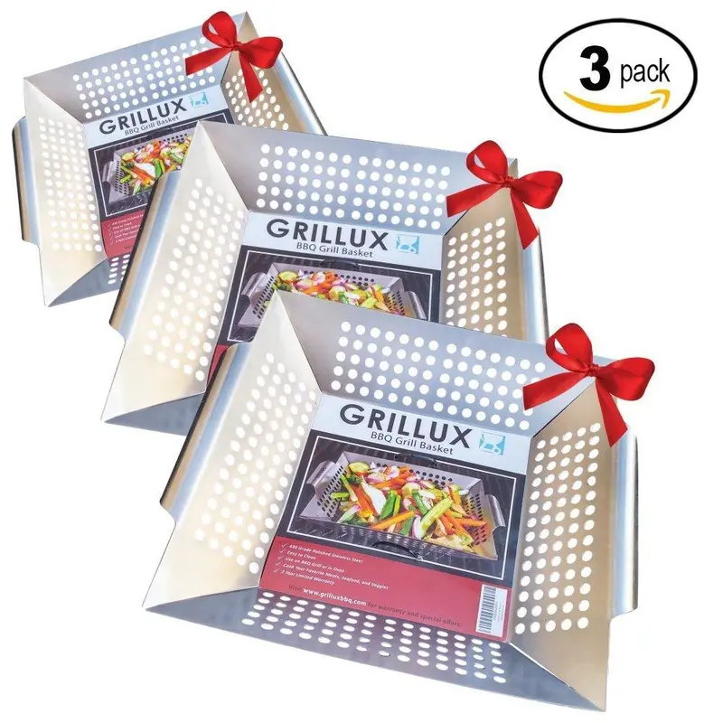 Grillux Stainless Steel Vegetable Grill Basket Set – 3-Piece Bbq Accessory For Veggies, Seafood, And Camping Cookware 1