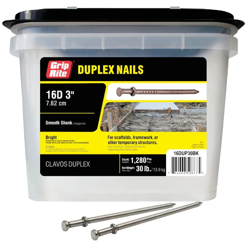 Grip-Rite 16D Bright Duplex Framing Nails – 3-Inch Length, 1280-Count Box (30 Lb.) 1