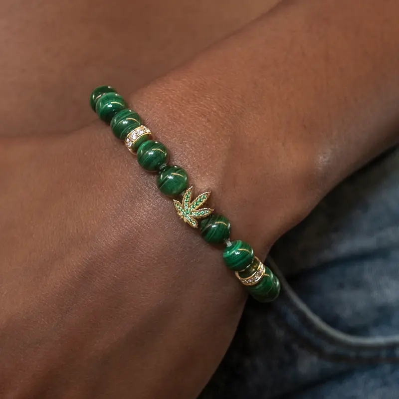 Hand-Knotted Weed Leaf Beaded Bracelet With Gold Accent Beads 1