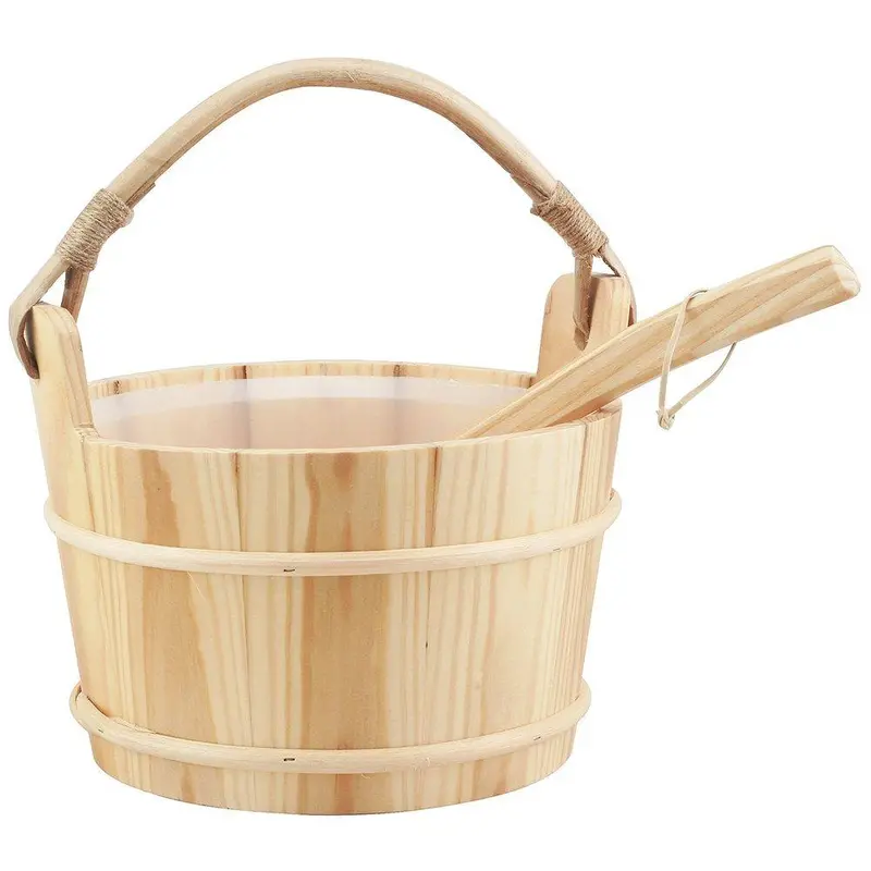 Handcrafted Sauna Accessory Set: 6L Wooden Bucket & Ladle With Food-Grade Plastic Liner 1