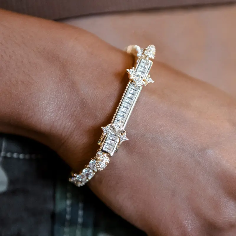 Iced Baguette Bar Bracelet In 14K White Gold 1