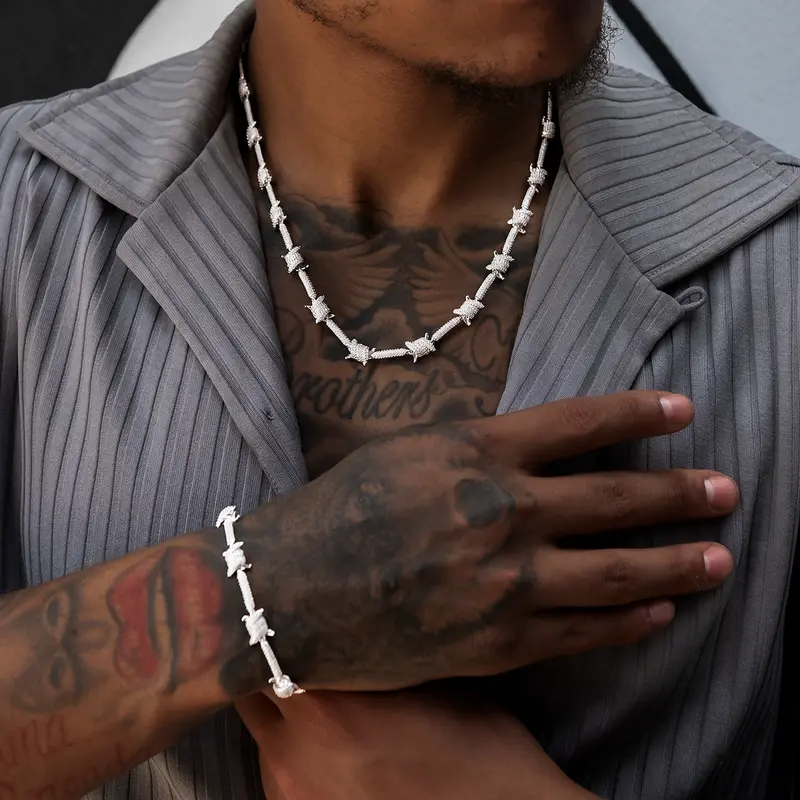 Iced Barbed Wire Chain And Bracelet Bundle In White Gold 1