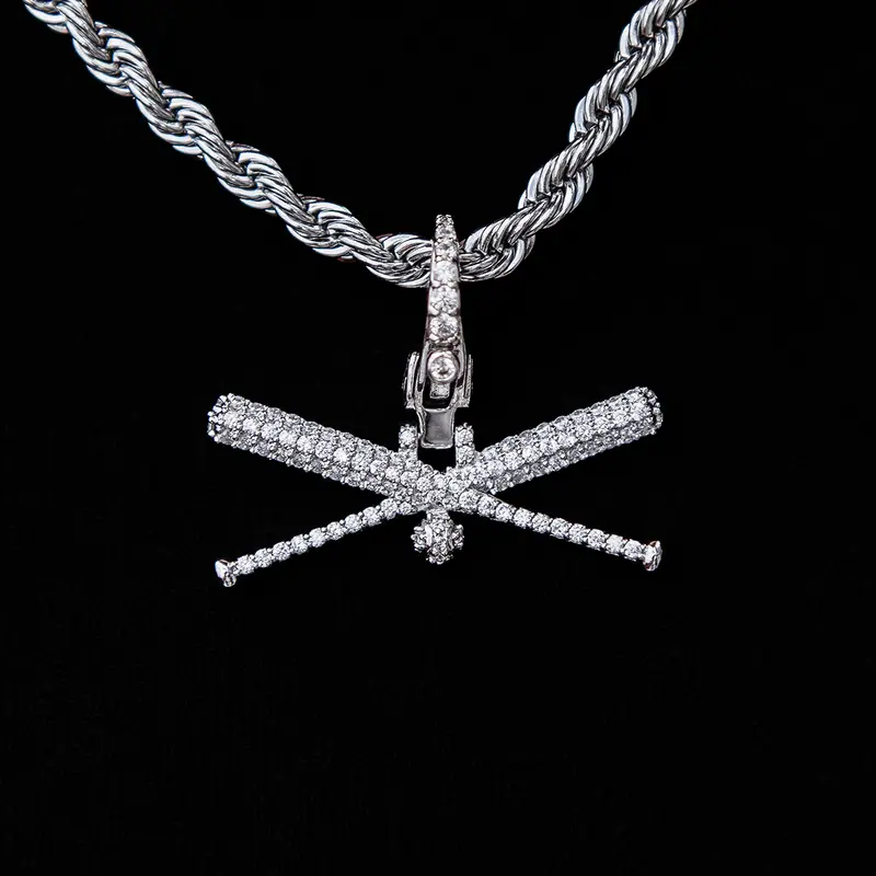 Iced Baseball Bat Clip-On Pendant – White Gold 1