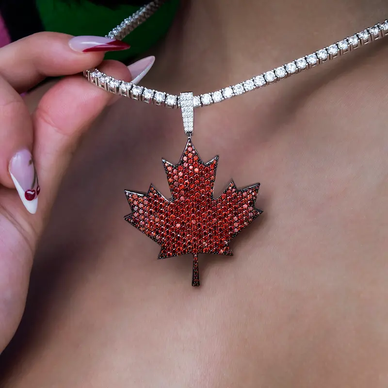 Iced Canada Flag Pendant Necklace 1