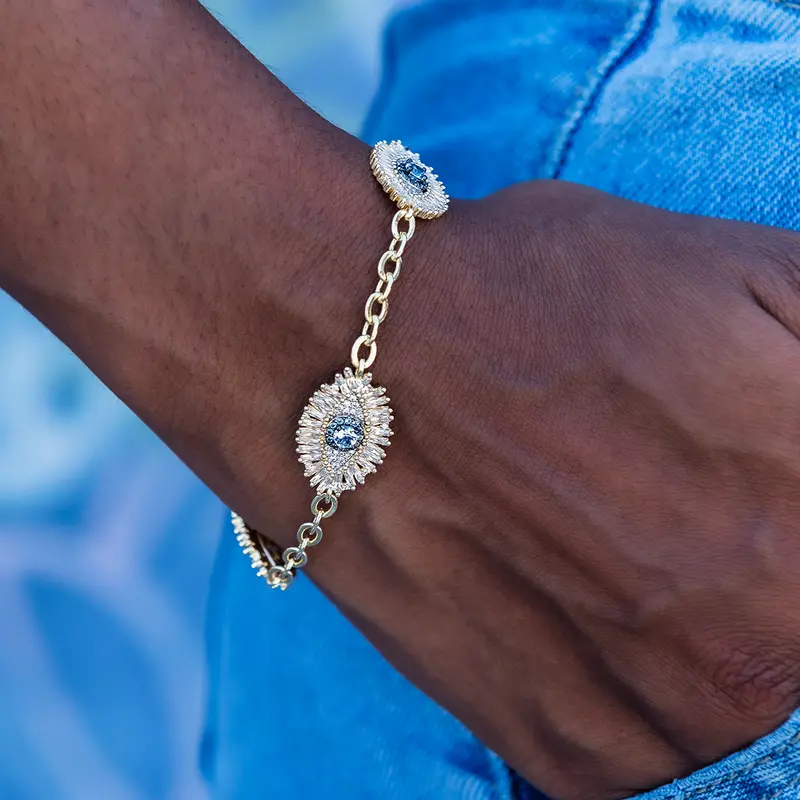 Iced Evil Eye Beaded Bracelet – Yellow Gold Protection Band 1