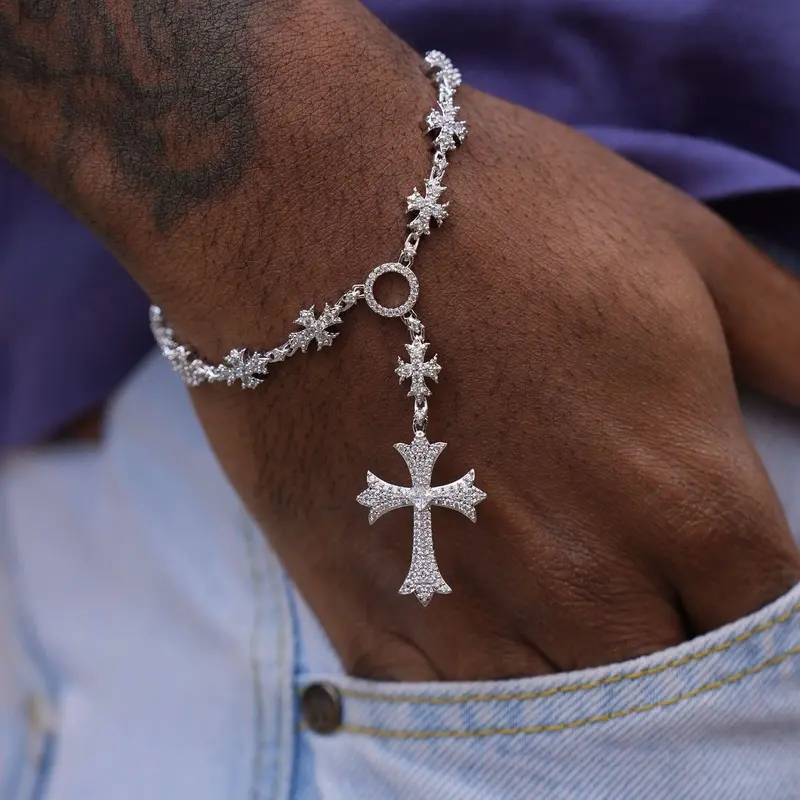 Iced Flared Cross Rosary Bracelet – White Gold Vermeil 1