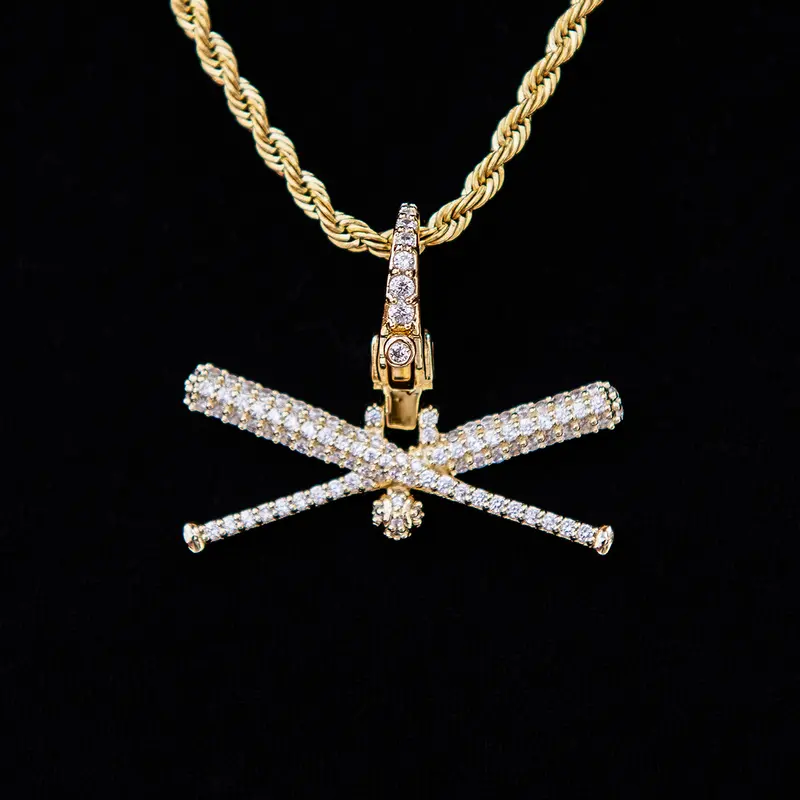 Iced-Out Baseball Bat Pendant With Clip In Yellow Gold 1