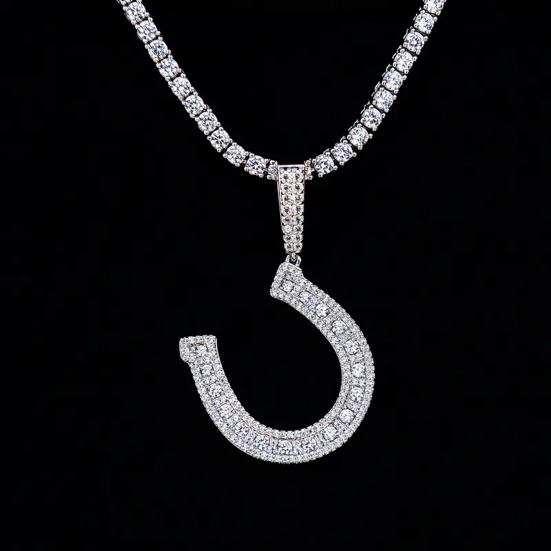 Iced White Gold Horseshoe Charm Pendant 1