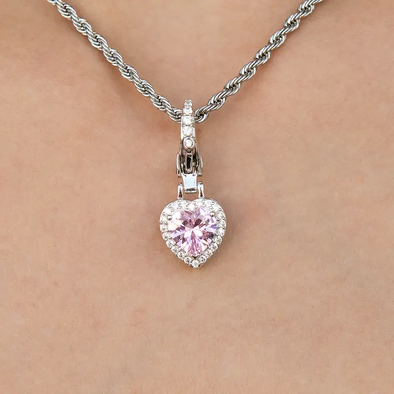 Iced White Gold Micro Pink Heart Charm Clip-On Pendant 1