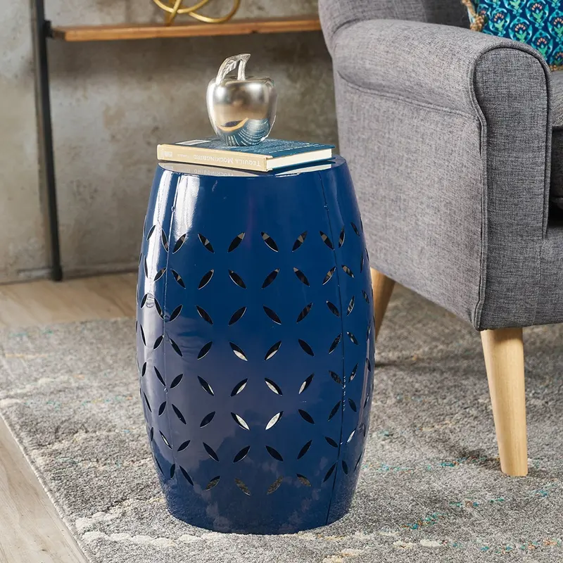 Joyce Lace Cut Iron Accent Table In Dark Blue With Decorative Detailing 1