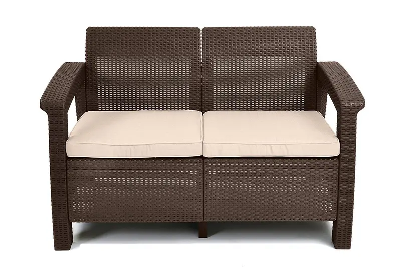 Keter Corfu All-Weather Love Seat – Outdoor Patio Sofa With Cushions, Brown Finish 1