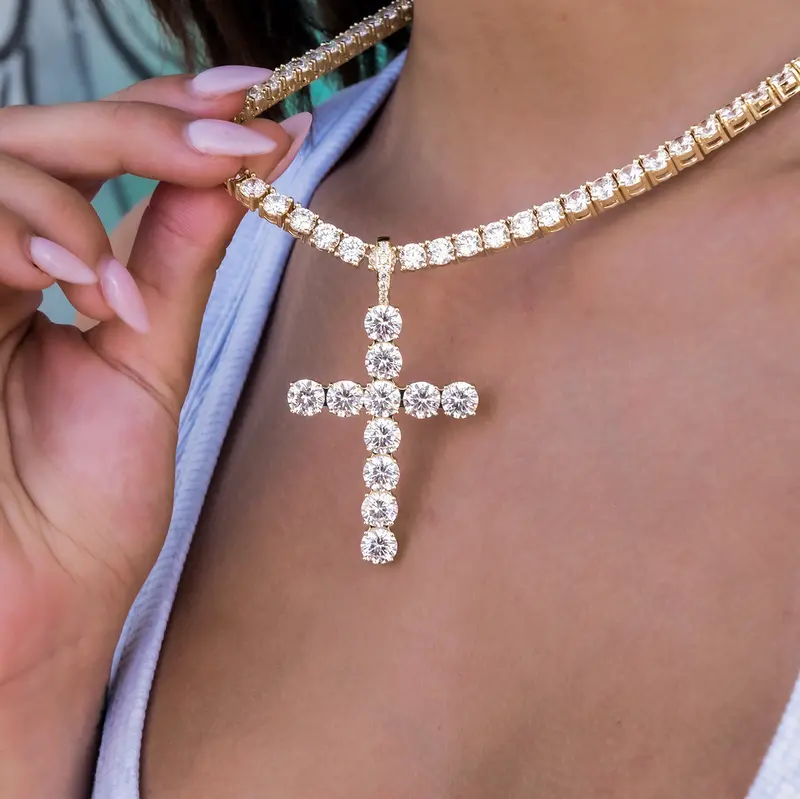 Large Cross Pendant Set With Diamonds In 14K Yellow Gold 1