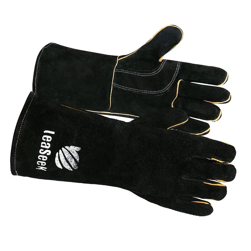 Leaseek Heat-Resistant Leather Bbq Gloves – Flame-Retardant Grill, Fireplace & Welding Protection (14-Inch, Black) 1