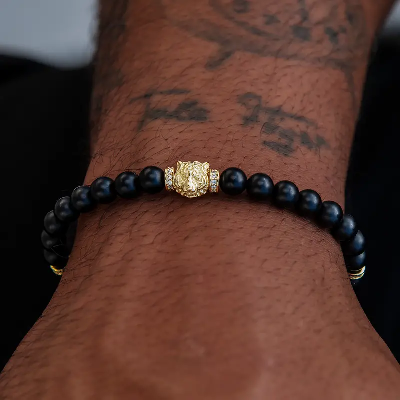 Lucky Tiger Beaded Wristband In Polished Yellow Gold 1