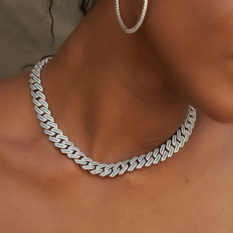 Luminous 12Mm Cuban Link Necklace With Prong-Set Diamonds In White Gold 1