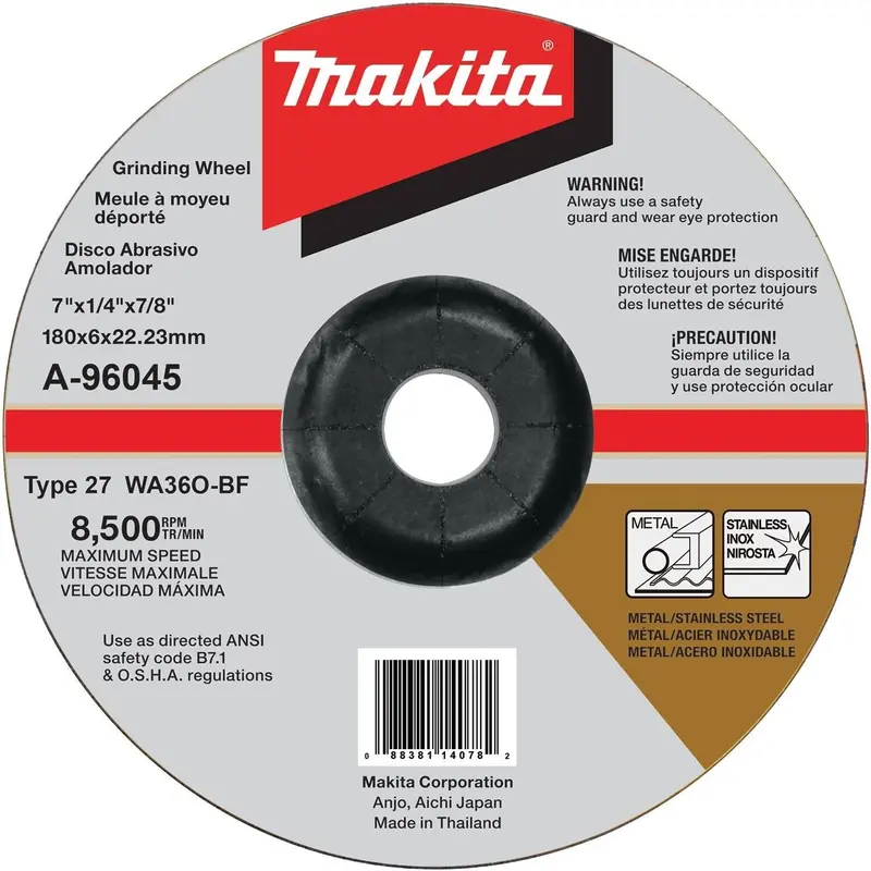 Makita 7" Inox Grinding Wheel — 1/4" Arbor, 7/8" Thickness, 36 Grit (A-96045) 1