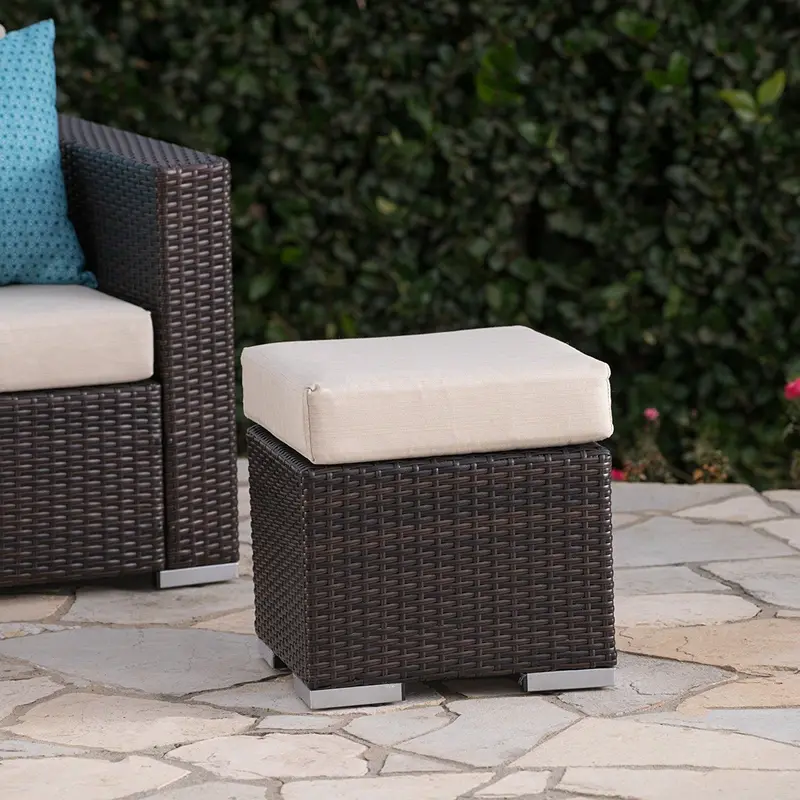 Malibu Outdoor Wicker Ottoman – 16-Inch Multibrown Frame With Beige Water-Resistant Cushion 1