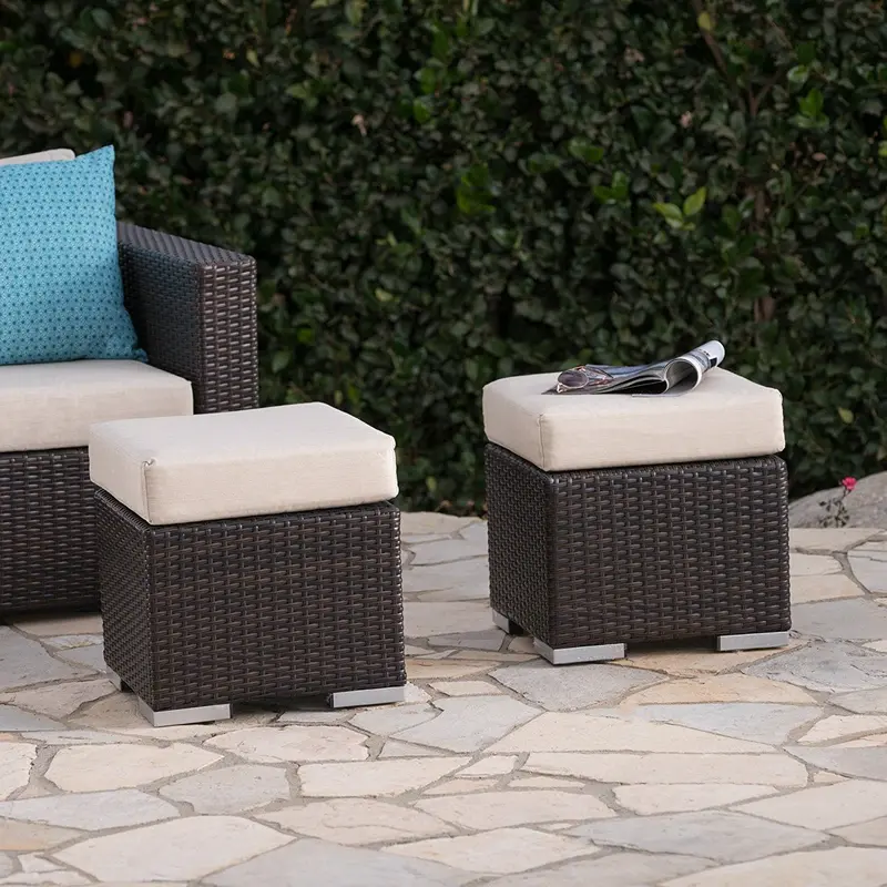 Malibu Outdoor Wicker Ottoman Set – Multibrown Frame With Beige Water-Resistant Cushions (2-Piece) 1