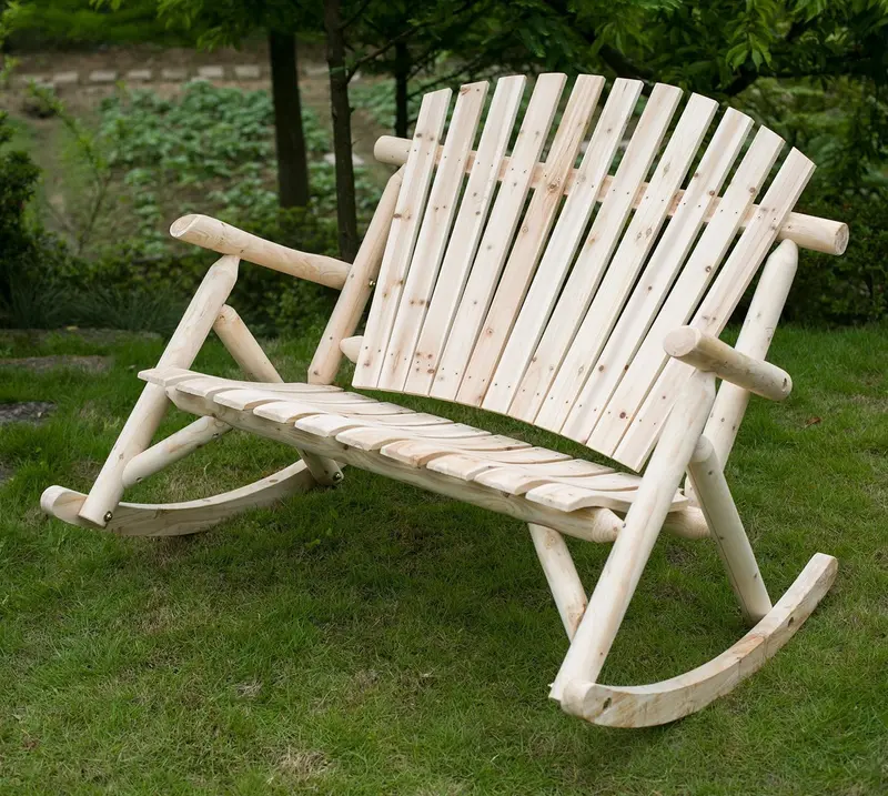 Merax Dual-Function Pine Wood Outdoor Rocking Loveseat – Natural Log Finish 1