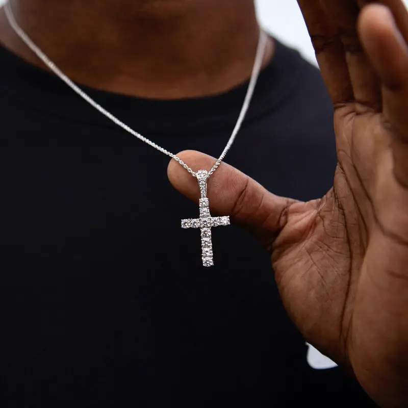 Micro Cross Pendant With Diamond Accent In 14K White Gold 1