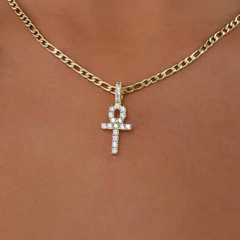Micro Iced Ankh Cross Pendant – Yellow Gold With Micro-Pavé Detail 1