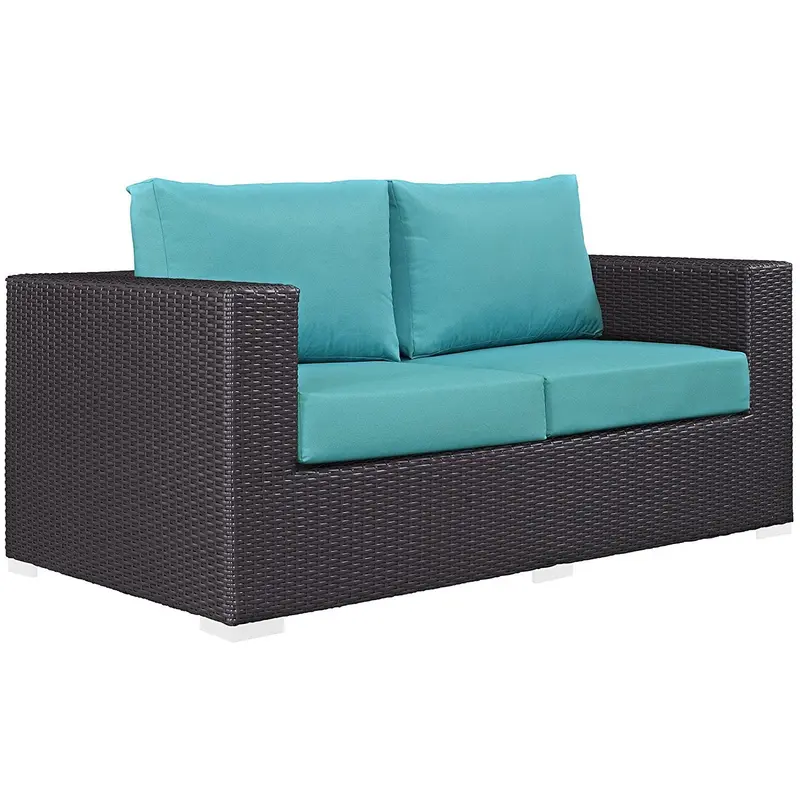 Modway Convene Outdoor Loveseat – Espresso Wicker Frame With Turquoise Cushions For Patio Or Deck 1