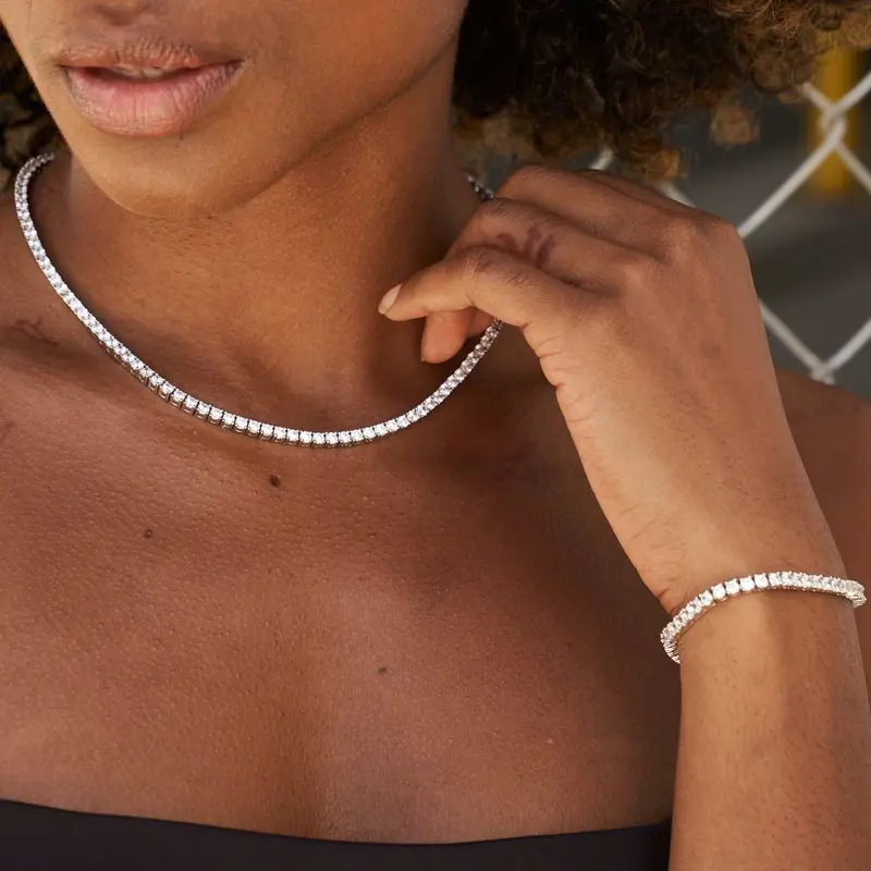 Moissanite Tennis Necklace And Bracelet Duo In White Gold Vermeil – 3Mm Chain 1