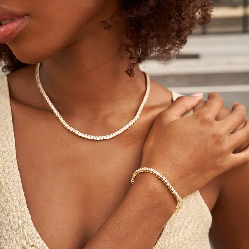 Moissanite Tennis Necklace And Bracelet Set In Yellow Gold Vermeil – 3Mm Link Design 1