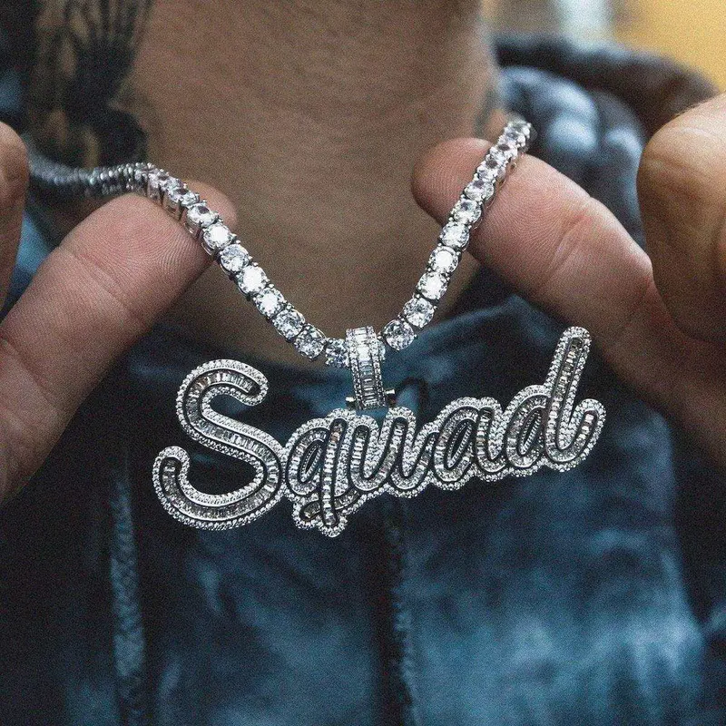 Multi-Tiered Name Plate Pendant With Baguette Accent Font 1