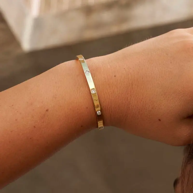 Open Cuff Bracelet With Stationed Gemstones – Yellow Gold 1