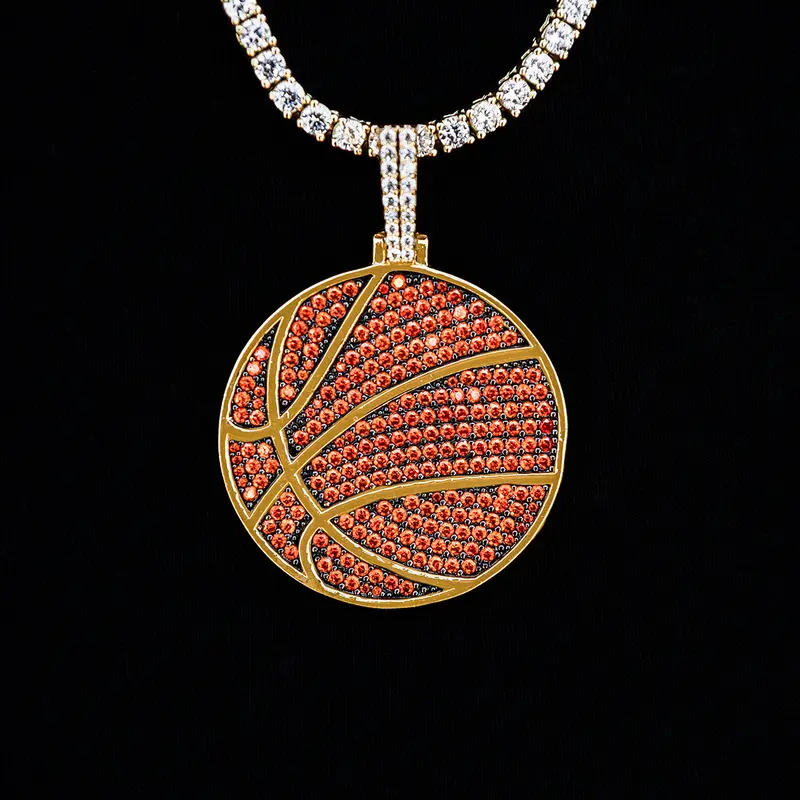 Orange Pave Basketball Pendant In Yellow Gold 1