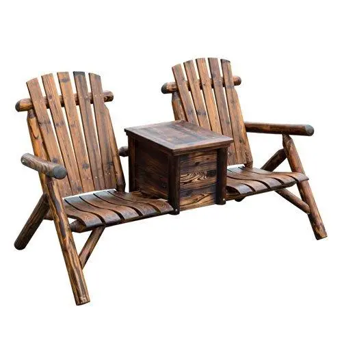 Outsunny Rustic Wooden Adirondack Patio Chair – Two-Seat Outdoor Bench With Built-In Ice Bucket (Brown) 1