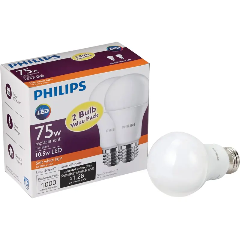 Philips Soft White A19 Led Bulb – 75W Equivalent, Medium Base (2-Pack) 1