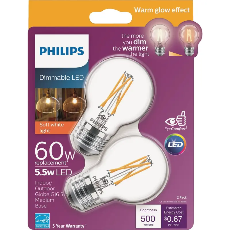 Philips Warm Glow Led Decorative Bulb – G16.5 Medium Base, 60W Equivalent, Dimmable Soft White (2-Pack) 1