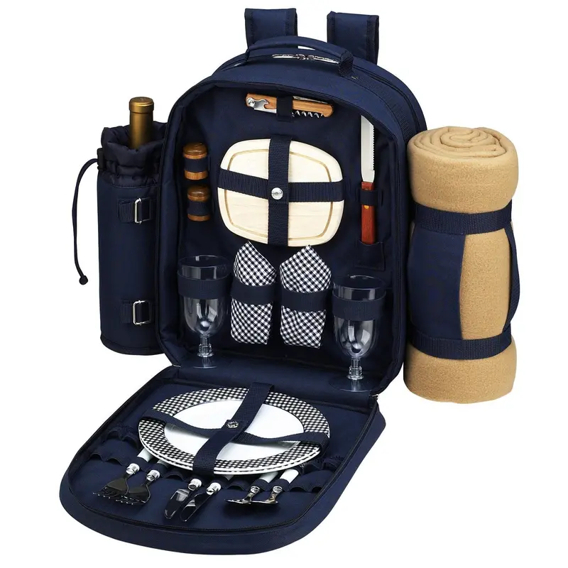 Picnic At Ascot Deluxe 2-Person Insulated Picnic Backpack With Cooler, Wine Holder, And Blanket – Navy 1