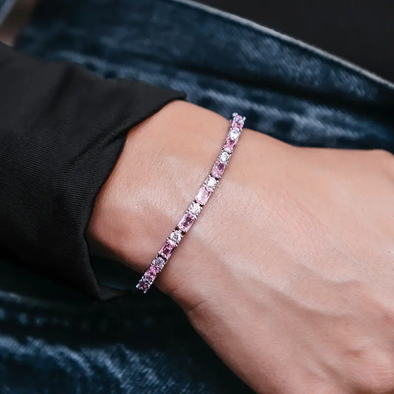 Pink Diamond Baguette Tennis Bracelet In White Gold 1